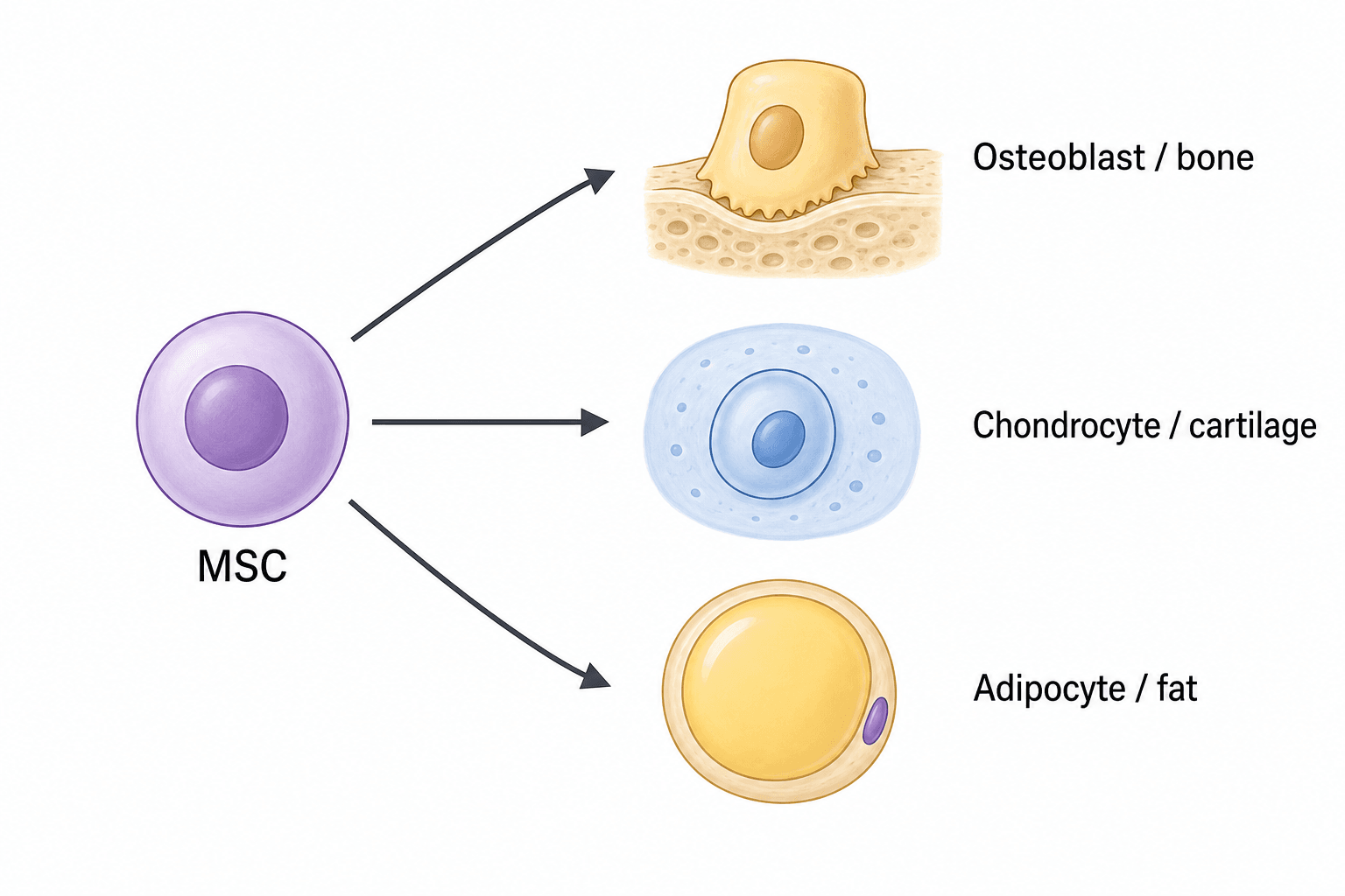 Schematic of an MSC differentiating into an osteoblast, a chondrocyte and an adipocyte