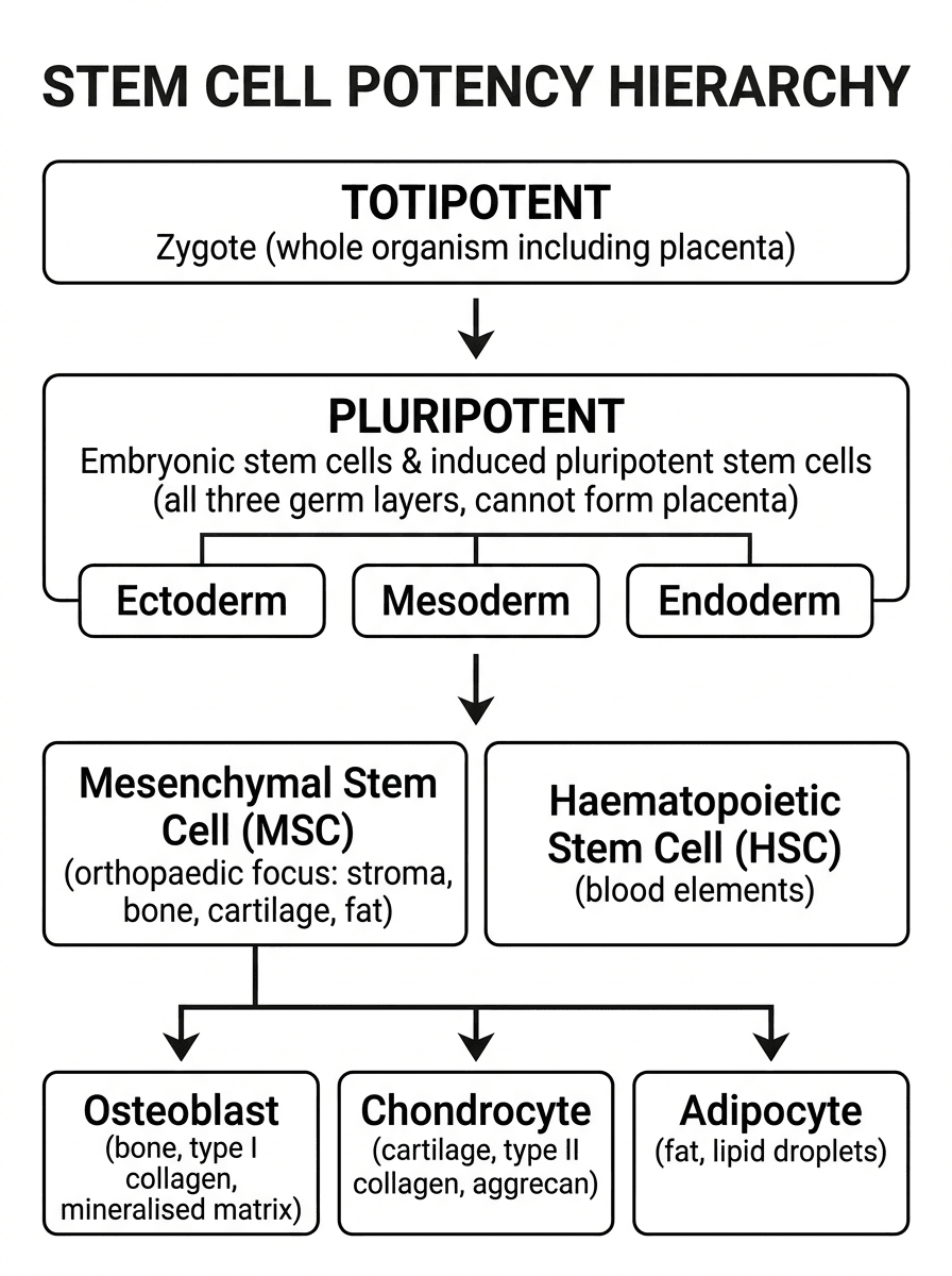 Diagram of the stem-cell potency hierarchy from totipotent zygote through pluripotent and multipotent to unipotent MSC lineages.