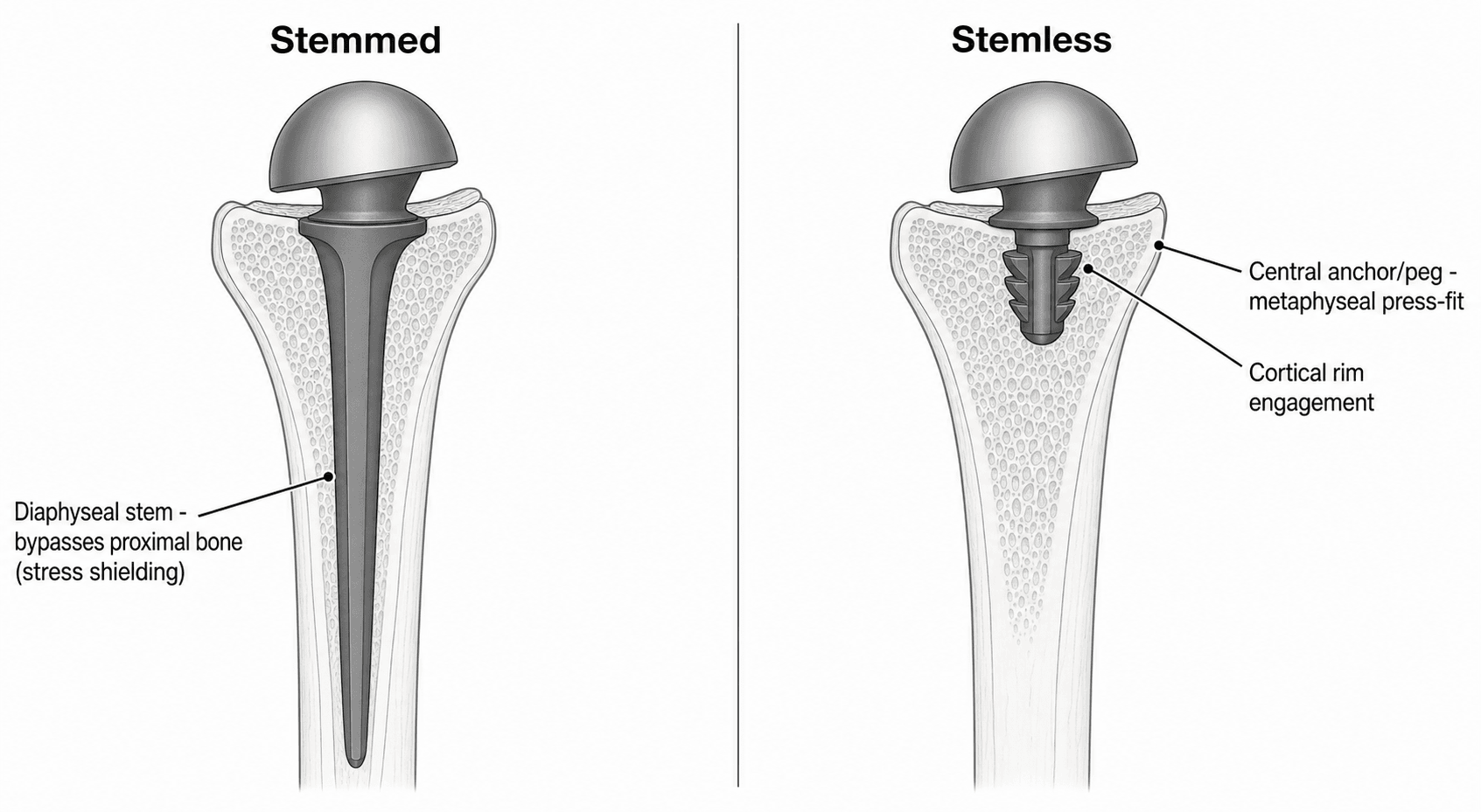 Cross-section illustration comparing a stemmed humeral implant with a long diaphyseal stem to a stemless implant anchored only by a central peg in the proximal metaphysis