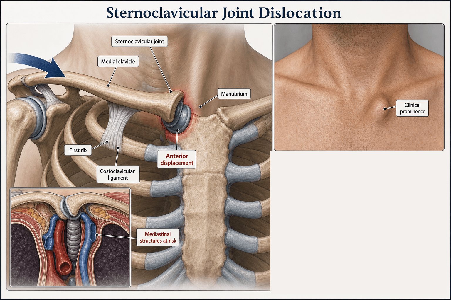 Illustration of sternoclavicular joint dislocation showing the medial clavicle, sternoclavicular joint, manubrium, first rib and costoclavicular ligament, with anterior displacement of the medial clavicle, the mediastinal structures at risk behind the joint, and the visible clinical prominence.