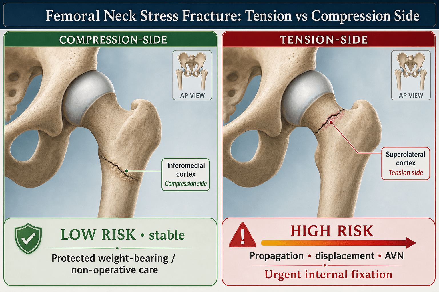 Femoral neck stress fracture tension versus compression side