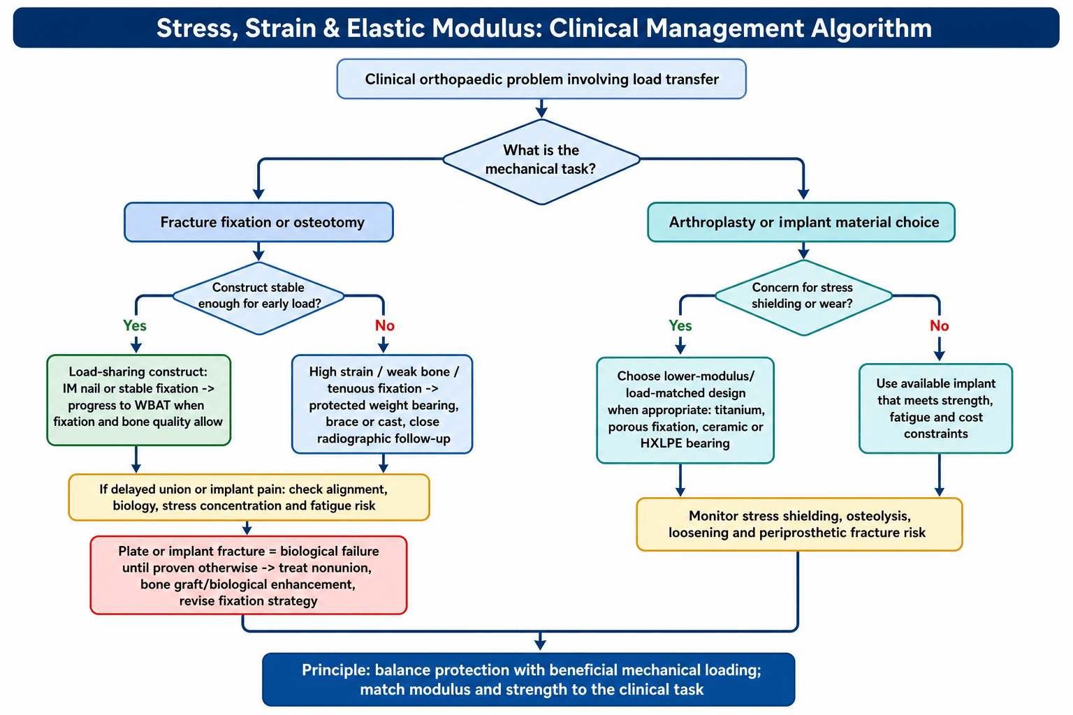 Clinical application algorithm translating stress-strain and modulus principles into fracture-fixation and implant-material decisions.