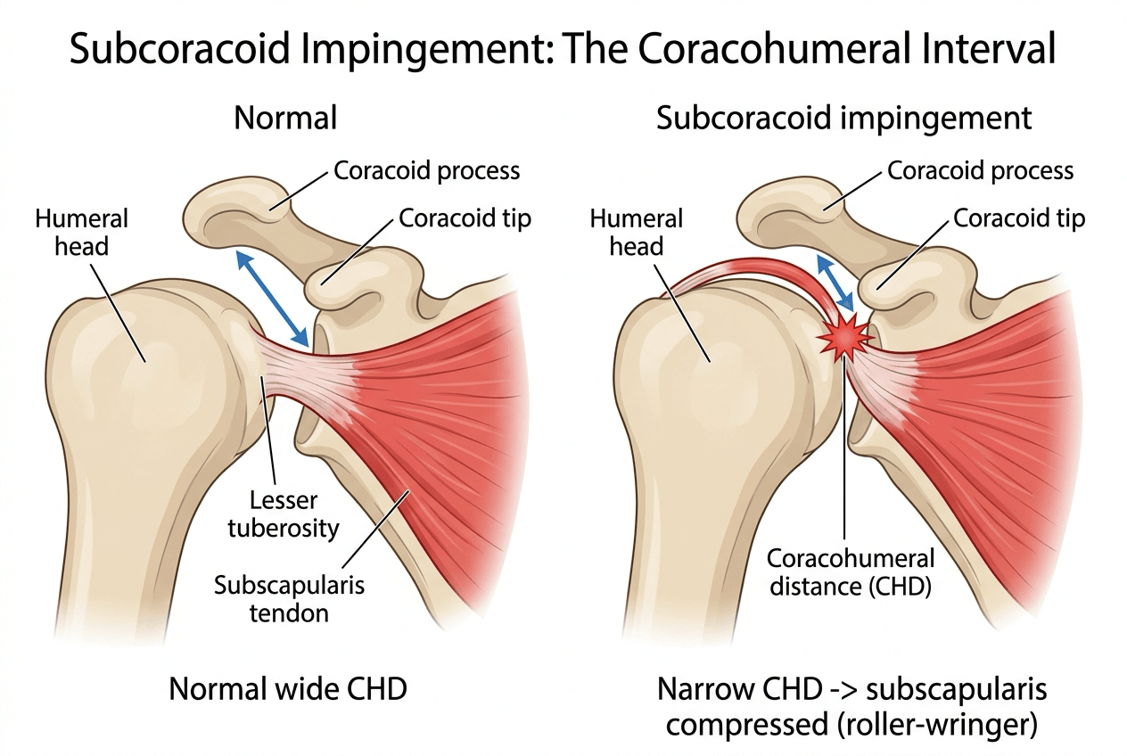 Diagram of the coracohumeral interval comparing a normal wide gap with subcoracoid impingement, where a narrow gap pinches the subscapularis tendon between the coracoid tip and the lesser tuberosity