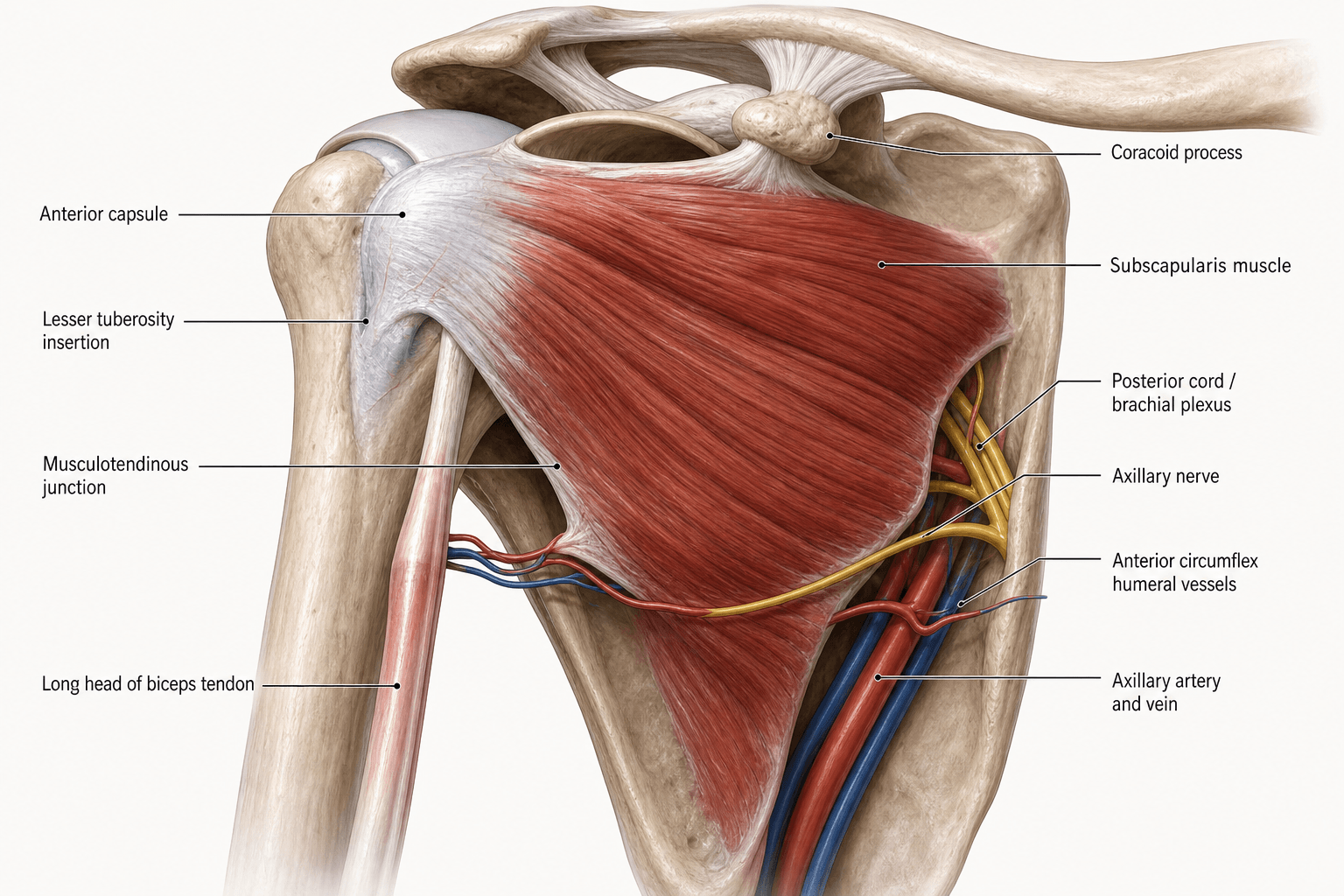 Anterior-view illustration of the subscapularis filling the subscapular fossa and inserting on the lesser tuberosity, with the coracoid, long head of biceps, axillary nerve, posterior cord and circumflex humeral vessels labelled