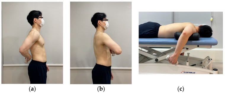 Three clinical photographs demonstrating lift-off, belly-press and prone-wiper manoeuvres used to recruit the subscapularis.