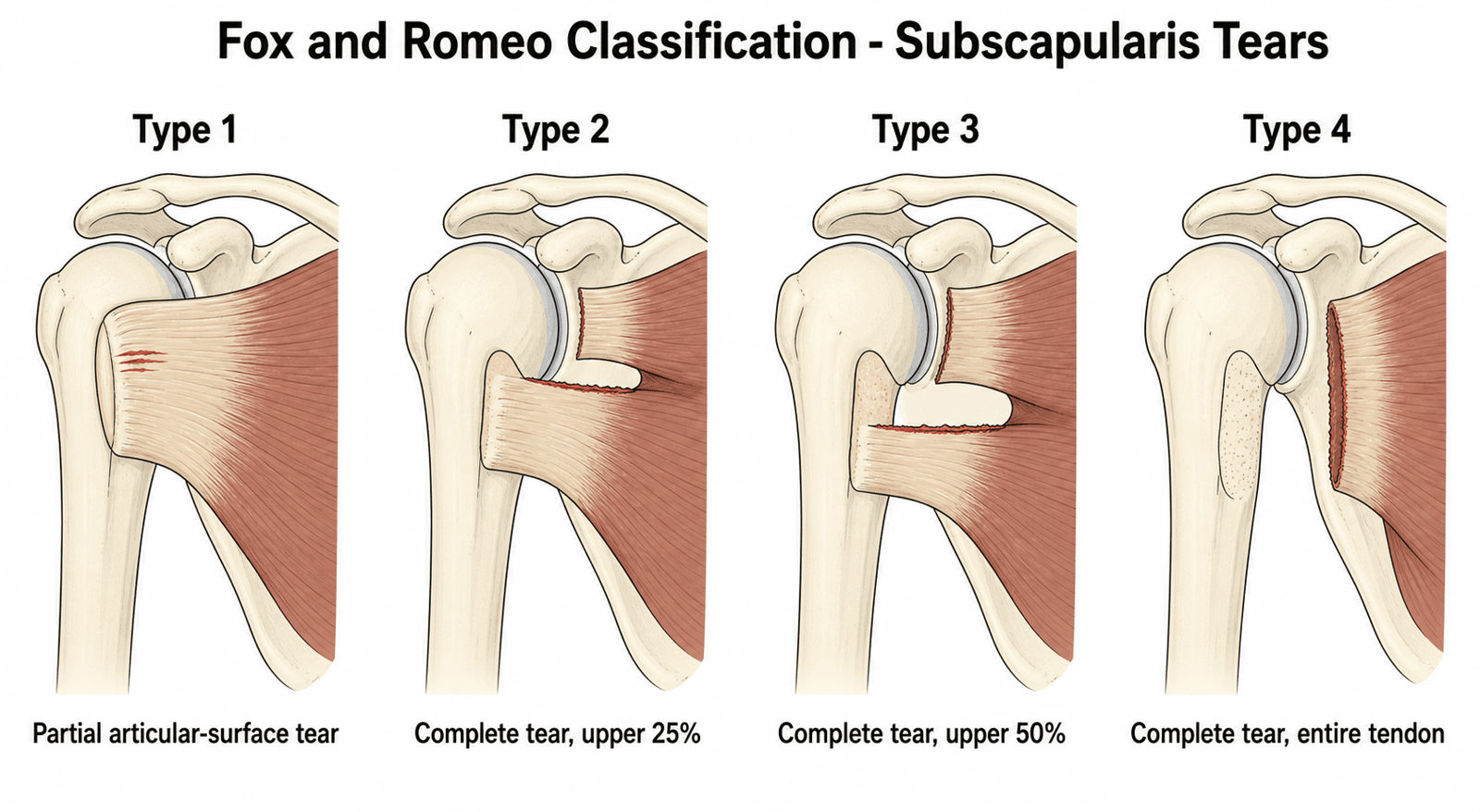Schematic of the Fox and Romeo classification of subscapularis tendon tears, Type 1 (partial articular-surface tear) through Type 4 (complete tear of the entire tendon)