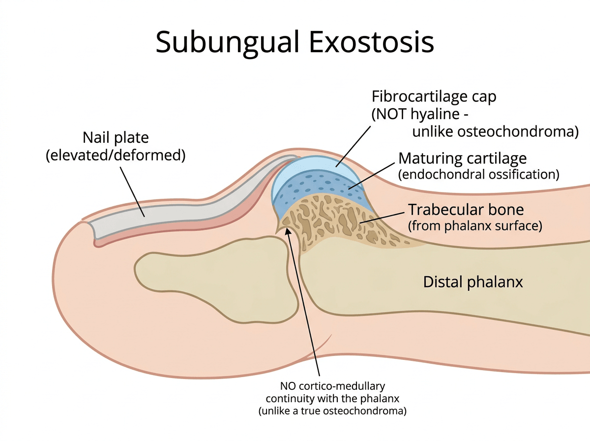Labelled cross-section diagram of a great toe with a subungual exostosis showing the bony outgrowth from the distal phalanx elevating the nail, with its trabecular bone base, maturing cartilage and fibrocartilage cap