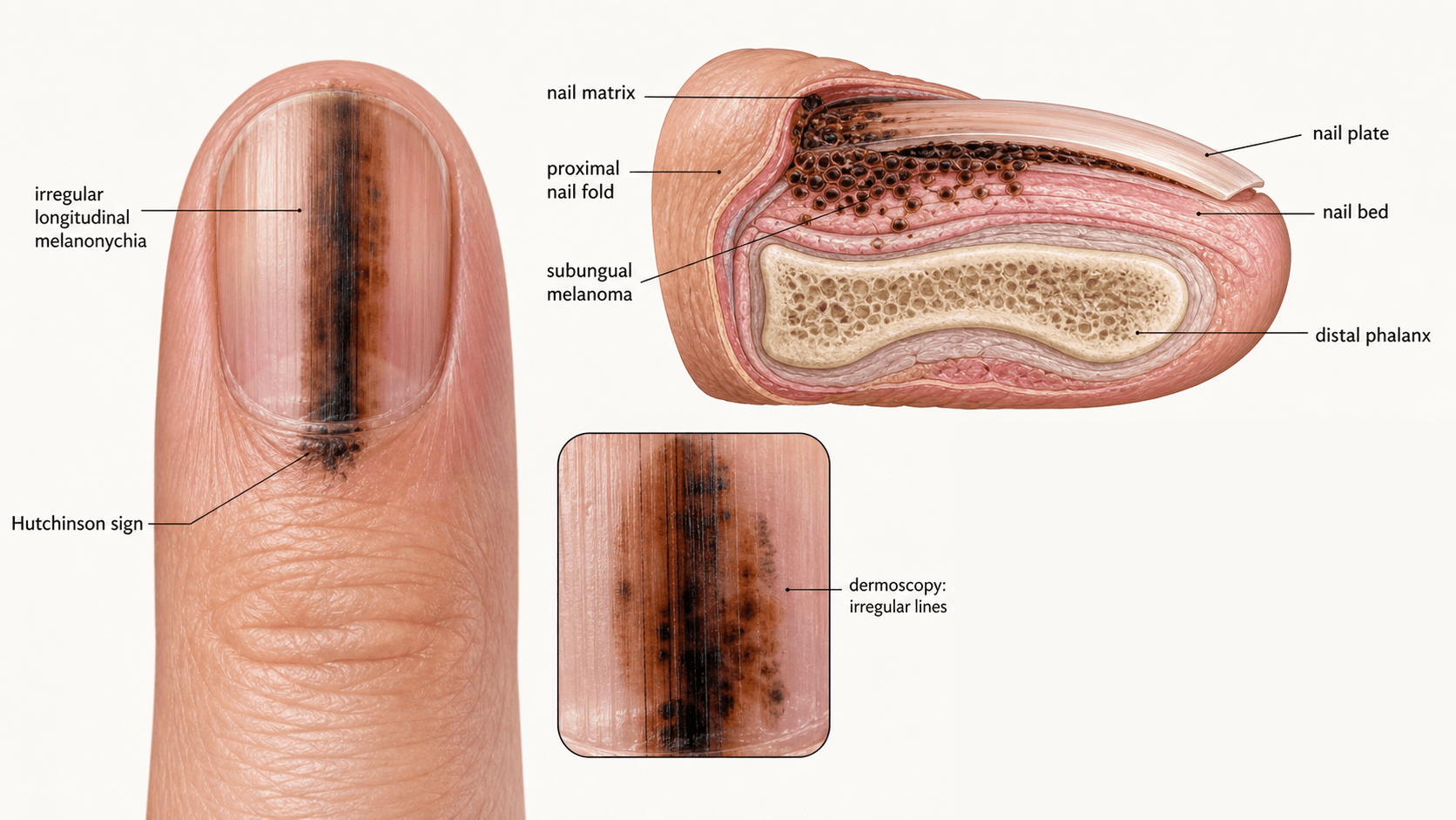 Clinical photograph and cross-sectional anatomy of subungual melanoma, showing irregular longitudinal melanonychia, Hutchinson sign, and the nail-matrix origin of the tumour beneath the nail plate.