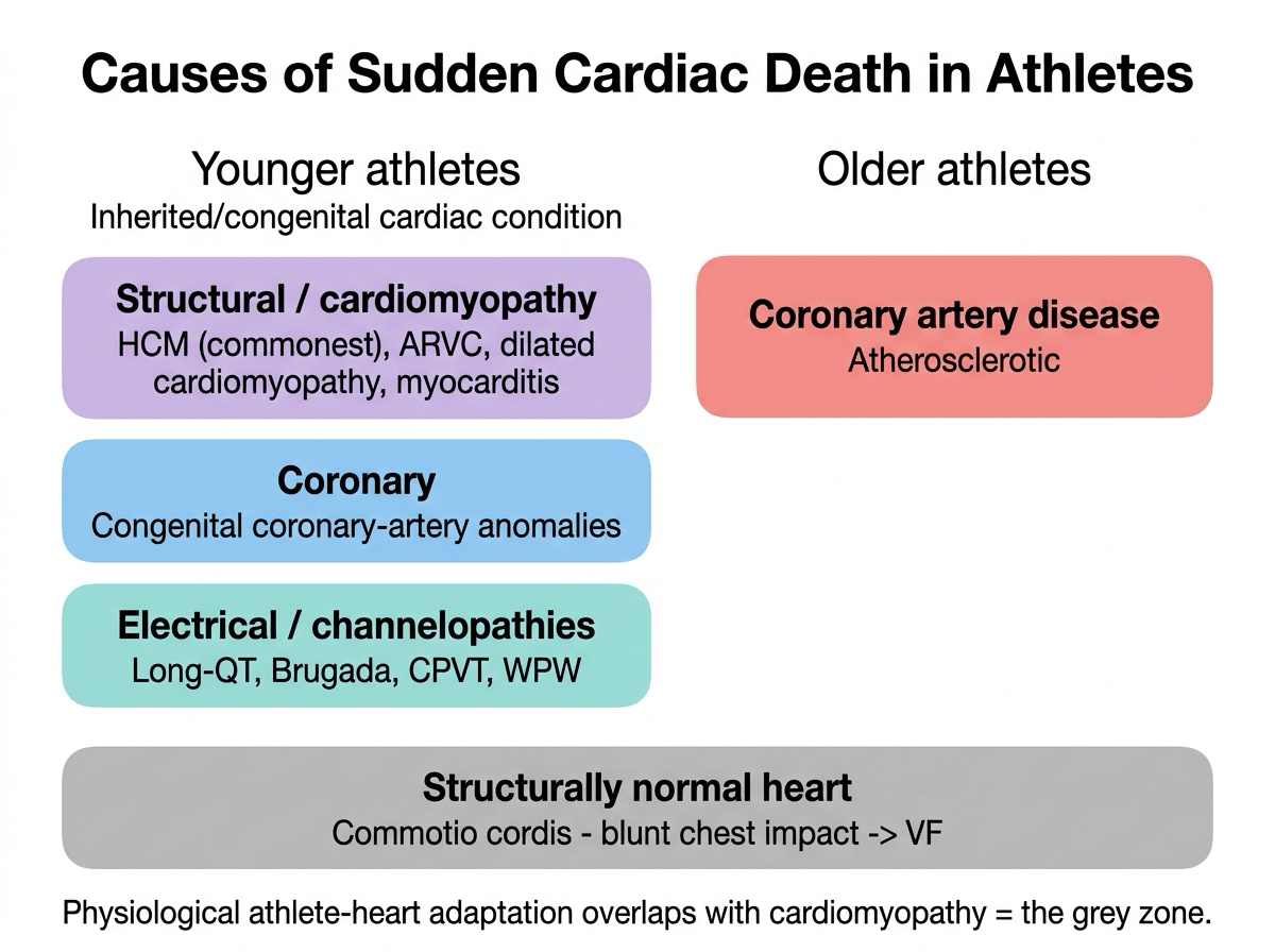 Categorised diagram of the causes of sudden cardiac death in athletes: younger athletes (cardiomyopathies, coronary anomalies, channelopathies), older athletes (coronary artery disease), and commotio cordis