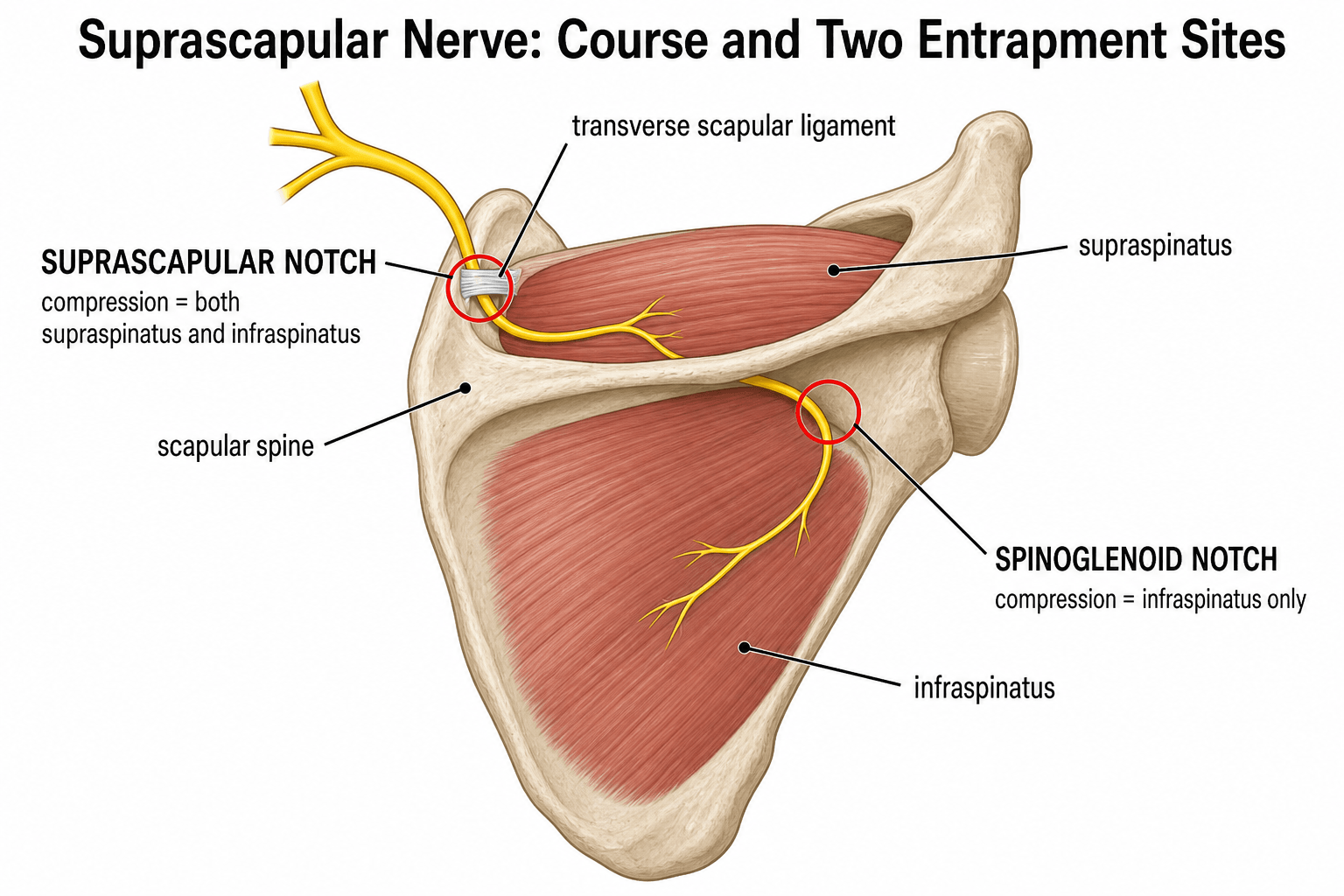 Posterior-scapula schematic of the suprascapular nerve course showing the two entrapment sites: the suprascapular notch (compression affects both supraspinatus and infraspinatus) and the spinoglenoid notch (compression affects infraspinatus only).