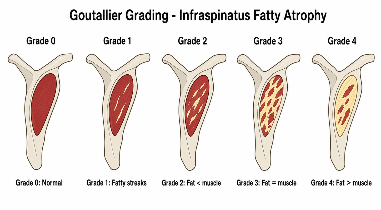 Goutallier grades zero through four for fatty infiltration of infraspinatus