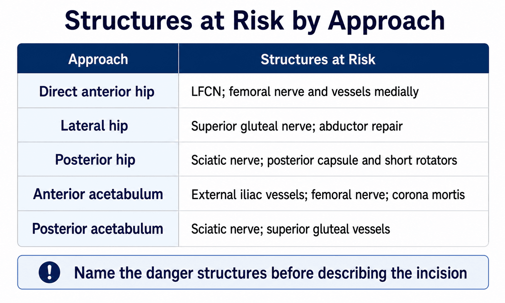Table of structures at risk by hip and acetabular approach