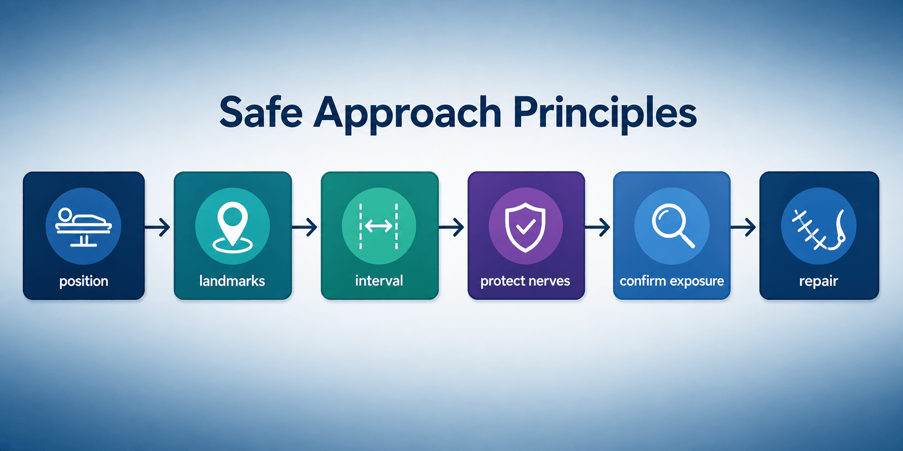 Workflow showing safe approach principles: position, landmarks, interval, protect nerves, confirm exposure and repair