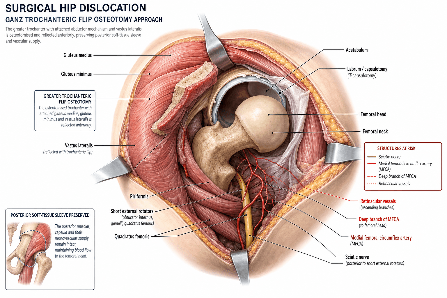 Anatomical illustration of the Ganz surgical hip dislocation via trochanteric flip osteotomy, showing the reflected greater trochanter with attached abductors, the dislocated femoral head, and the medial femoral circumflex artery with its deep branch and retinacular vessels protected behind the preserved short external rotators.