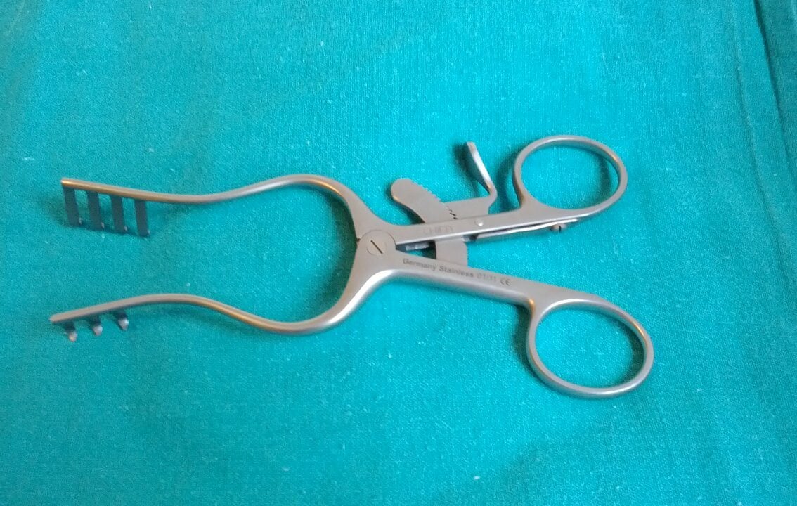 Weitlaner self-retaining retractor with ring handles, ratchet and opposing rake blades.