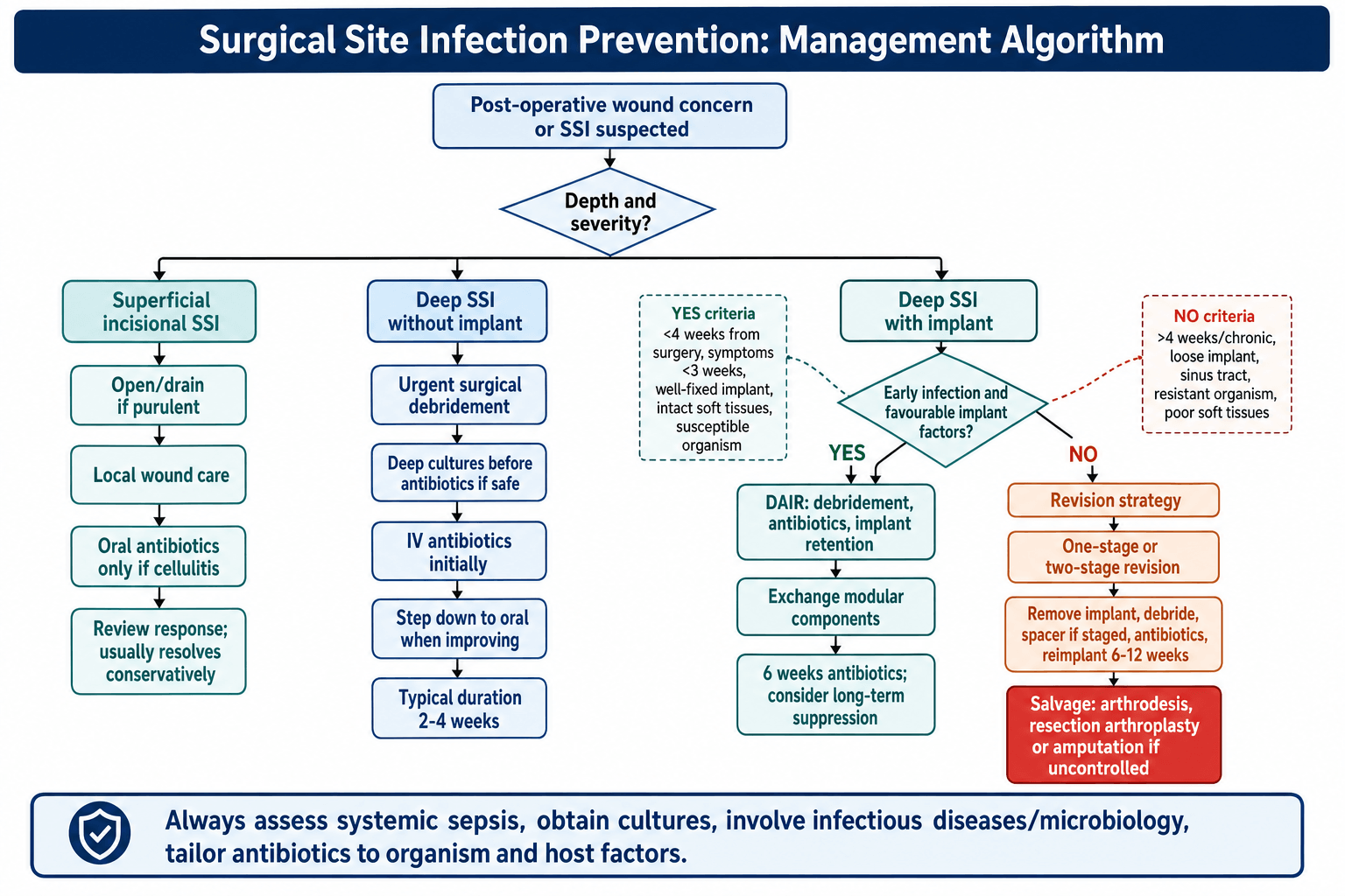 Algorithm for managing a suspected surgical site infection by depth and implant status