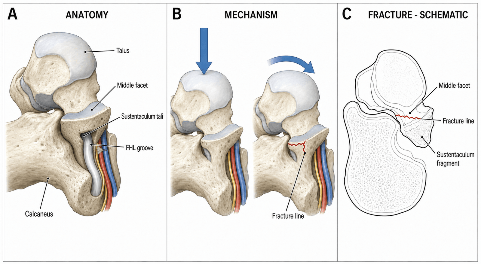 Three-panel sustentaculum tali teaching plate: medial anatomy, injury mechanism, and fracture schematic