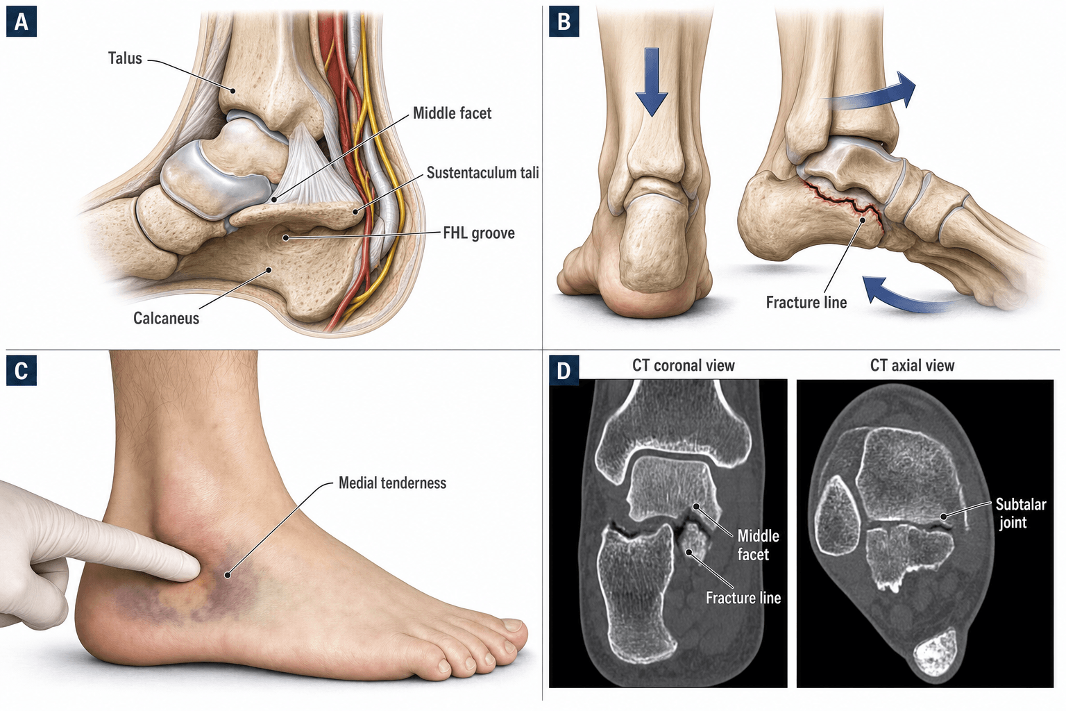 Four-panel sustentaculum tali teaching plate: medial anatomy, mechanism, clinical sign and CT