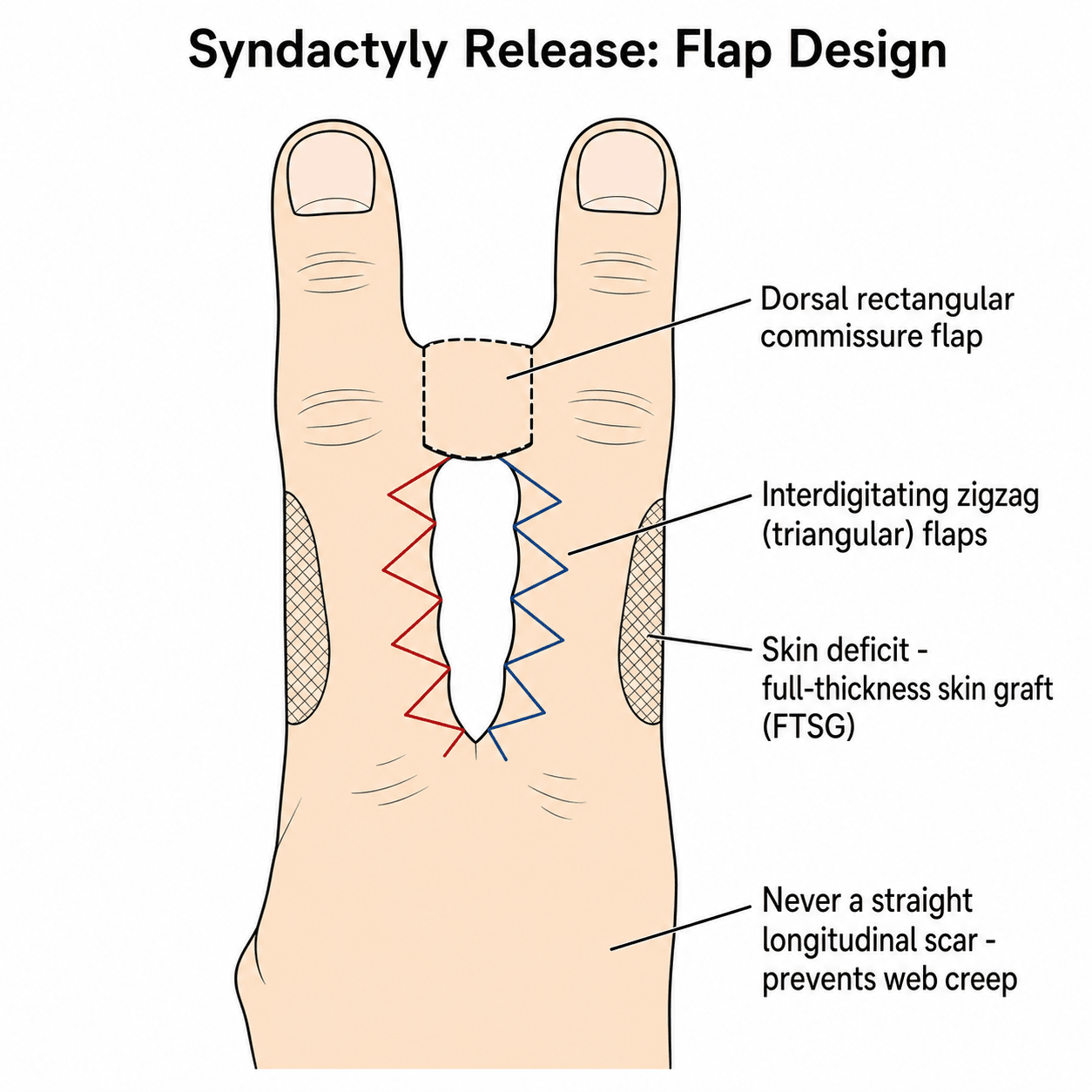 Surgical flap-design diagram for syndactyly release showing a dorsal commissure flap, interdigitating zigzag flaps and the skin deficit requiring a full-thickness graft.