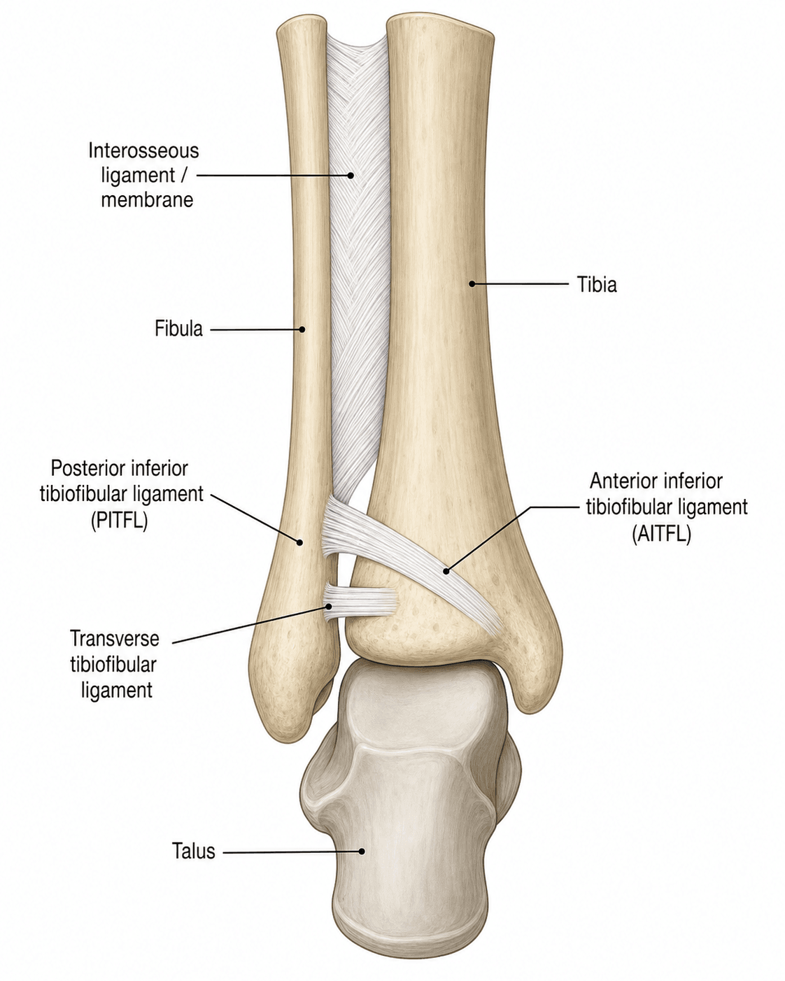 Anatomy diagram of the four ligaments of the distal tibiofibular syndesmosis