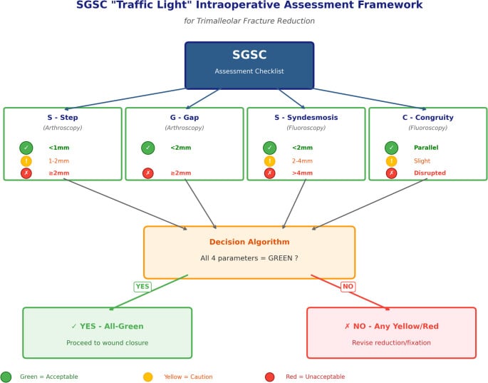 Traffic light intraoperative assessment framework grading step, gap, syndesmosis and congruity as acceptable, caution or unacceptable