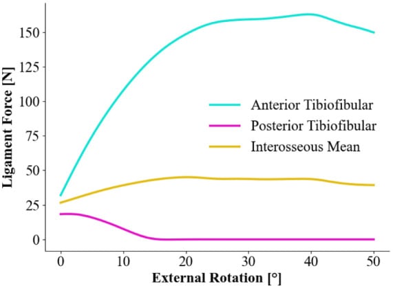 Graph of anterior tibiofibular, posterior tibiofibular and interosseous ligament force against degrees of external rotation