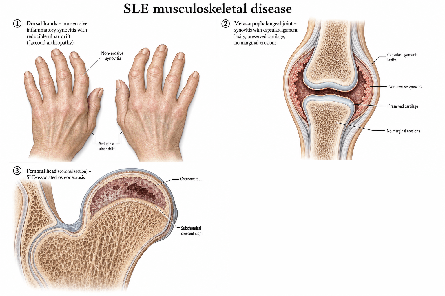 Illustration of the musculoskeletal manifestations of SLE: dorsal hands with non-erosive synovitis and reducible ulnar drift (Jaccoud arthropathy), a metacarpophalangeal joint cross-section showing capsular-ligament laxity with preserved cartilage and no marginal erosions, and a femoral head coronal section showing steroid-associated osteonecrosis with a subchondral crescent sign.