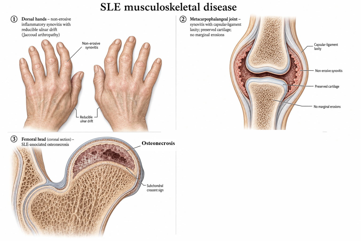 Illustration of the musculoskeletal manifestations of SLE: dorsal hands with non-erosive synovitis and reducible ulnar drift (Jaccoud arthropathy), a metacarpophalangeal joint cross-section showing capsular-ligament laxity with preserved cartilage and no marginal erosions, and a femoral head coronal section showing steroid-associated osteonecrosis with a subchondral crescent sign.