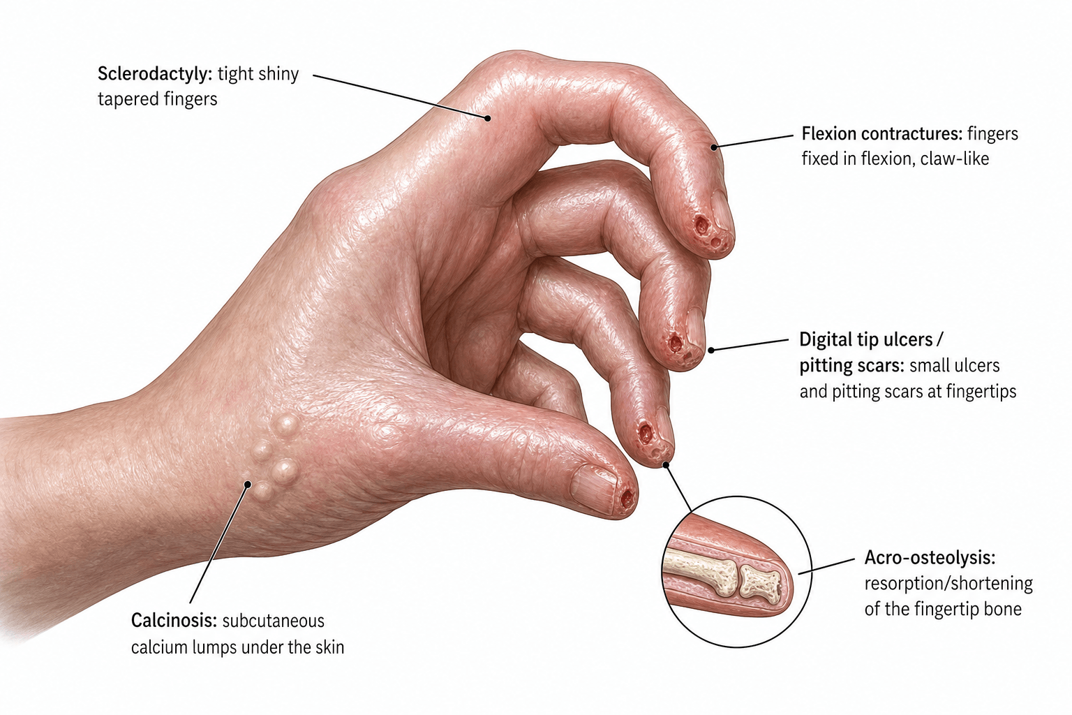 Illustration of the hand manifestations of systemic sclerosis labelling sclerodactyly, flexion contractures, digital tip ulcers, calcinosis and acro-osteolysis