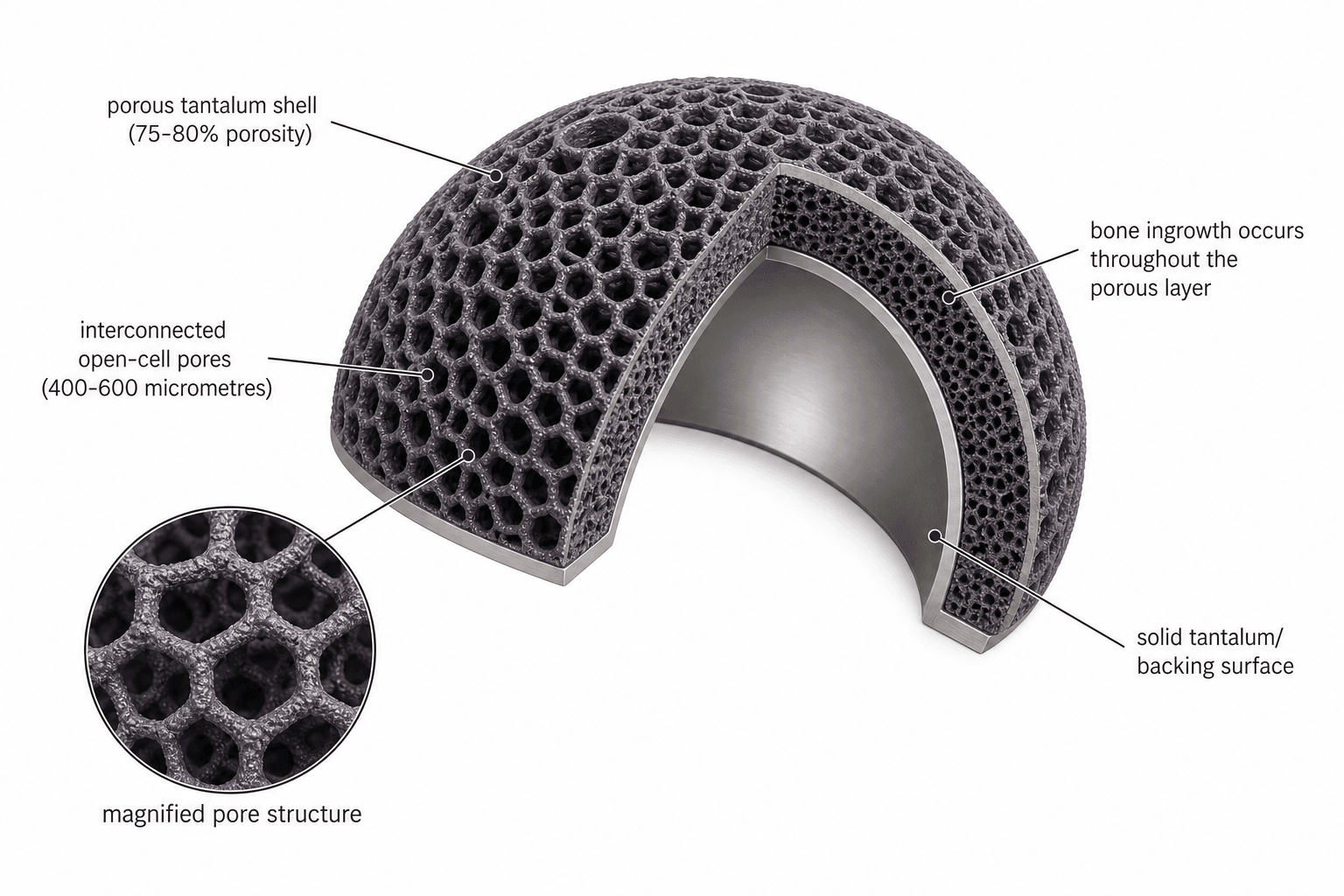 Cutaway illustration of a porous tantalum (trabecular metal) acetabular cup showing its honeycomb-like open-cell structure