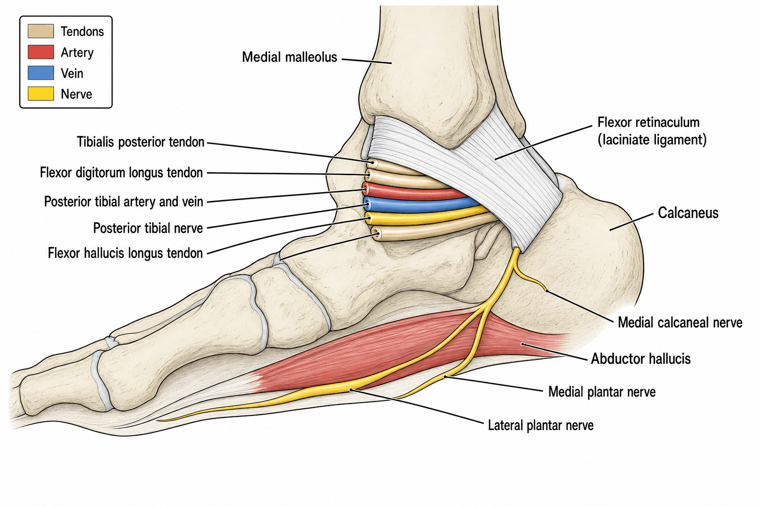 Medial ankle anatomy showing the tarsal tunnel contents beneath the flexor retinaculum and the terminal branches of the posterior tibial nerve
