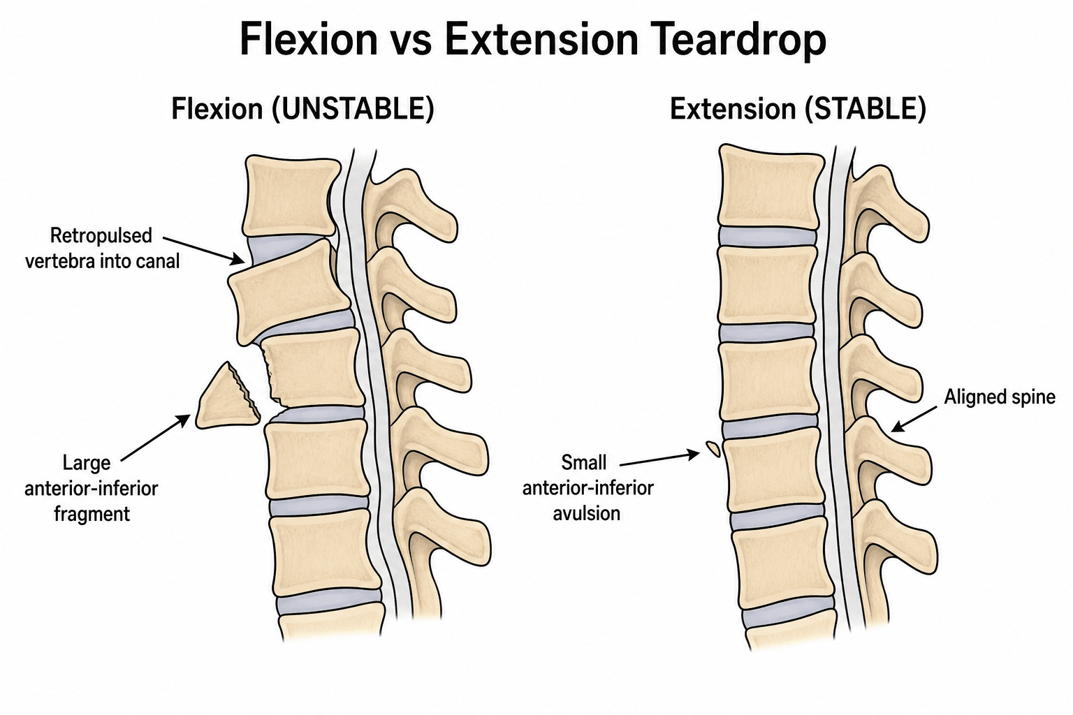 Diagram comparing a flexion teardrop fracture (large fragment, retropulsion into the canal) with an extension teardrop fracture (small avulsion, aligned spine).