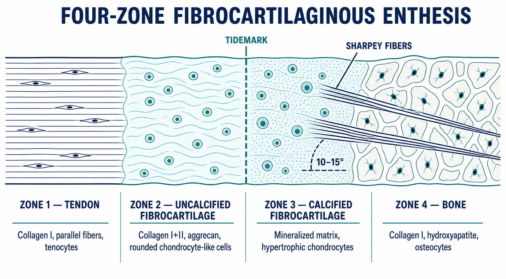 Schematic cross-section of the four-zone fibrocartilaginous enthesis showing tendon, uncalcified fibrocartilage, calcified fibrocartilage, and bone, with the tidemark and Sharpey fibers labelled