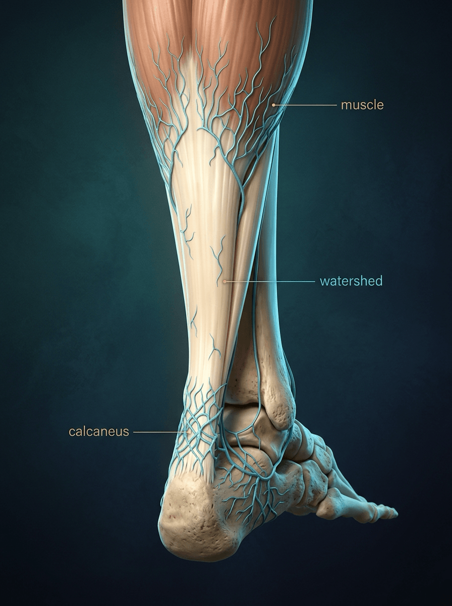 Achilles tendon with dense vessel networks from the calf muscle above and around the calcaneal insertion below, and only scattered vessels in the mid-tendon labelled watershed.