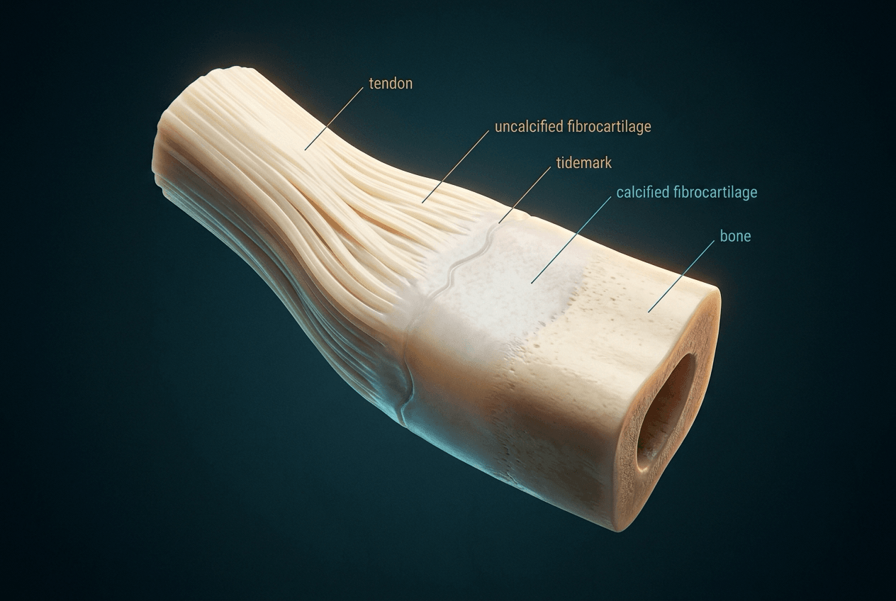 Four-zone fibrocartilaginous enthesis from aligned tendon through uncalcified and calcified fibrocartilage to bone, tidemark labelled.