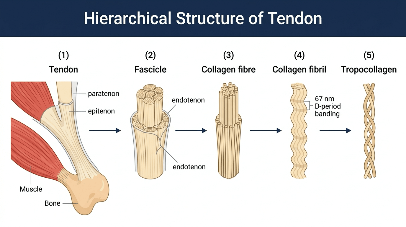 Hierarchical structure of tendon from whole tendon through fascicle, collagen fibre and fibril to tropocollagen