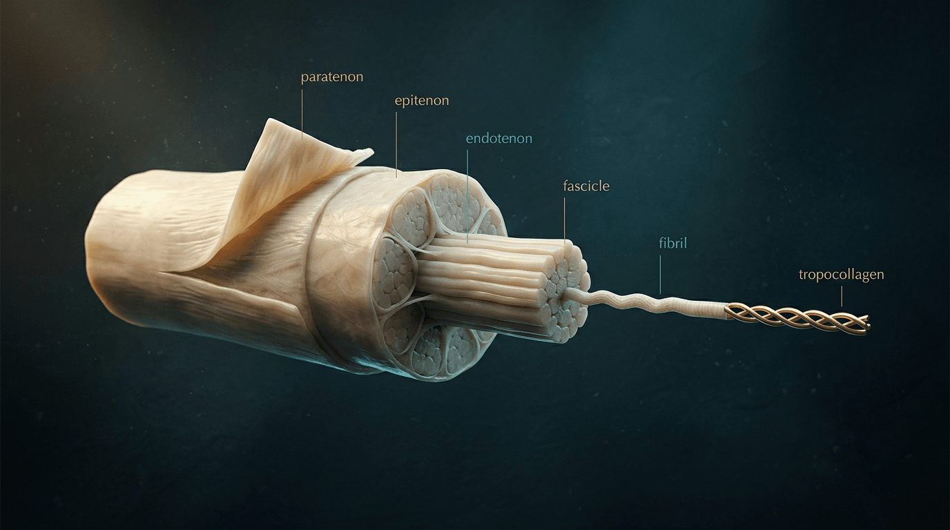 Cut-away tendon with labels for paratenon, epitenon, endotenon, fascicle, fibril and tropocollagen, running from the whole tendon out to a single twisted molecule.