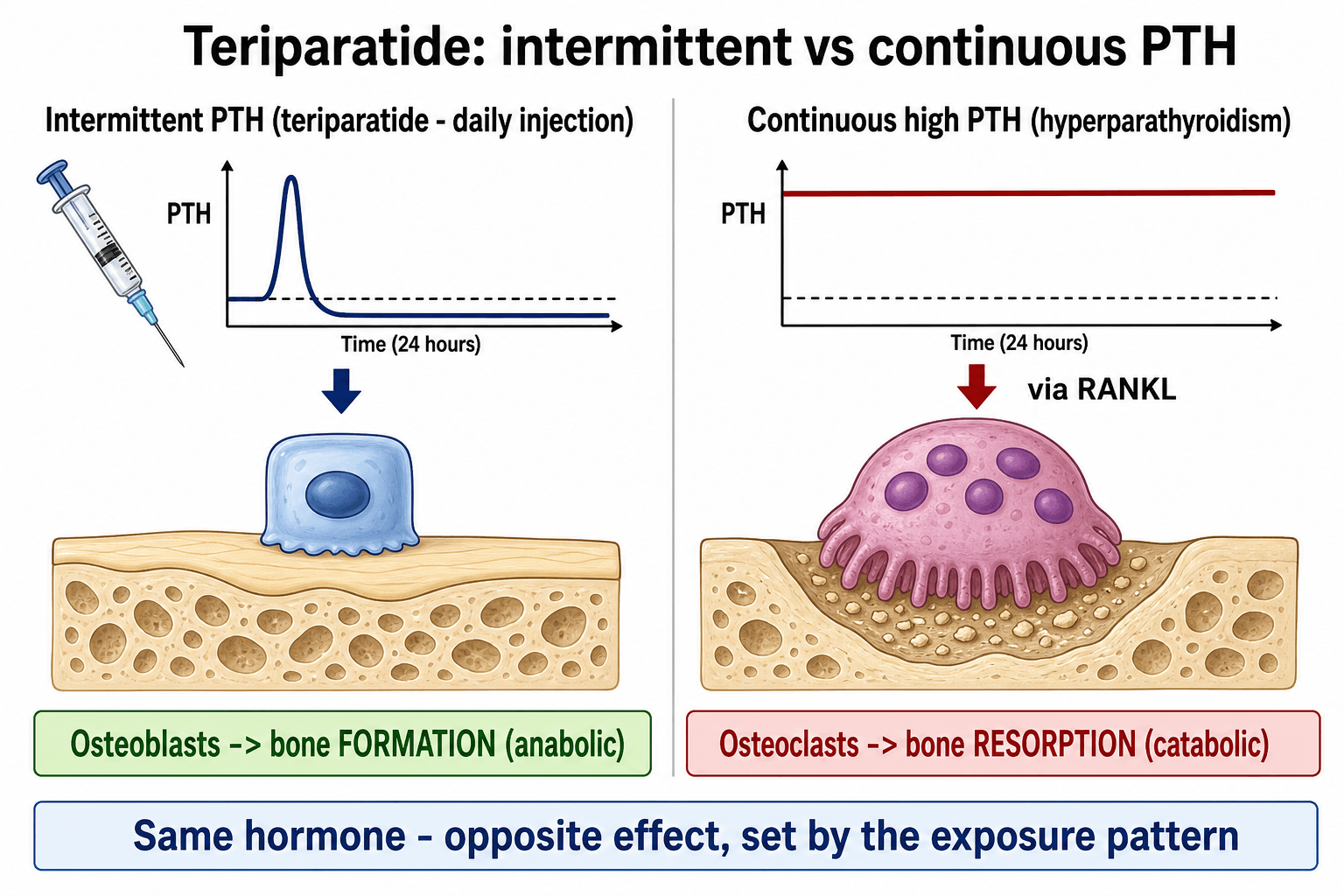 Two-panel diagram contrasting intermittent PTH (teriparatide) stimulating osteoblasts and bone formation with continuous high PTH driving osteoclasts and bone resorption.