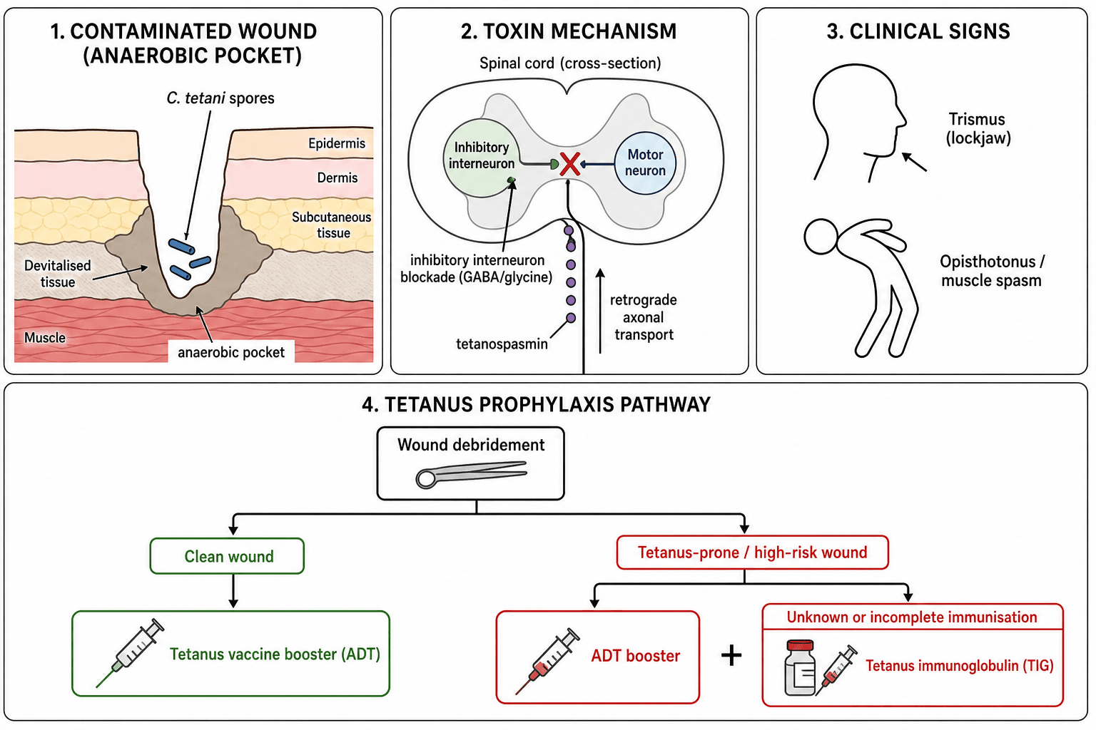 Schematic diagram of tetanus pathophysiology and the prophylaxis pathway