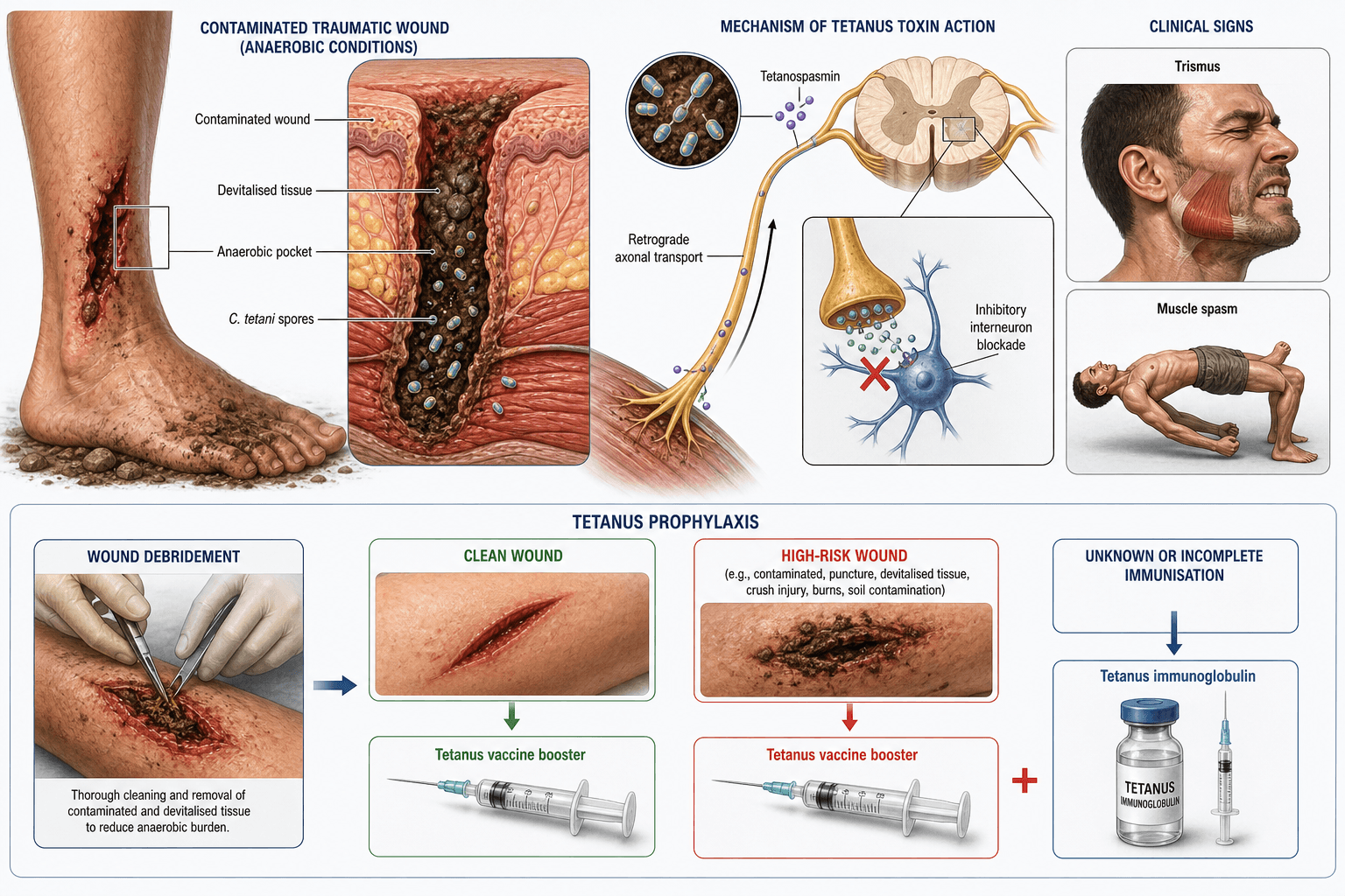 Tetanus pathophysiology and prophylaxis teaching diagram