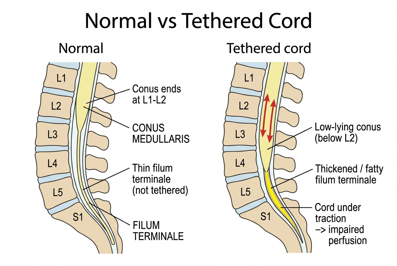 Diagram comparing a normal spinal cord (conus ending at L1-L2 with a thin filum terminale) with a tethered cord (low-lying conus below L2, thickened fatty filum, cord under traction)