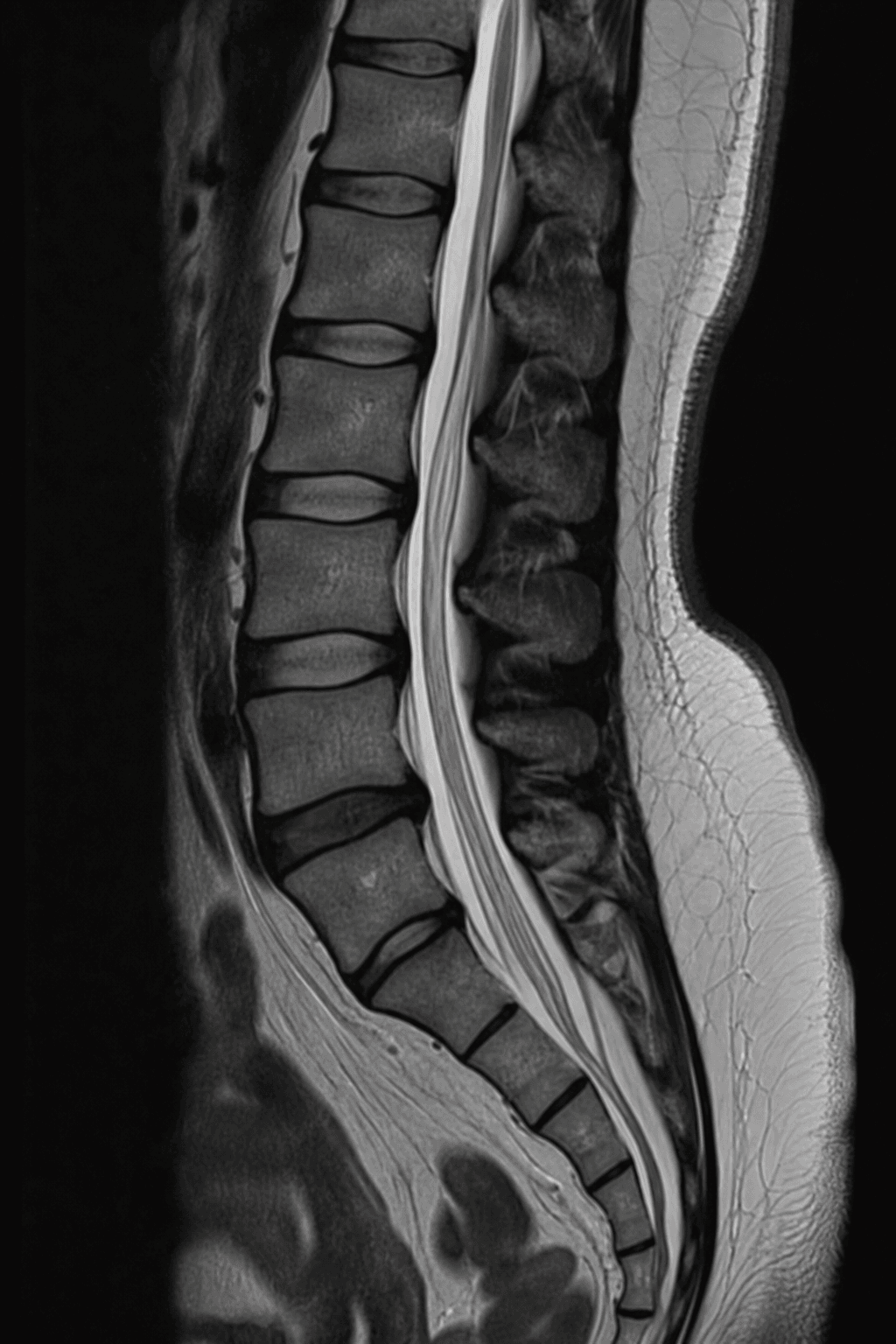 Sagittal T2 MRI of the lumbar spine showing a low-lying spinal cord/conus