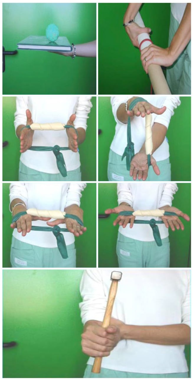 Seven panels of wrist and forearm exercises: balancing a ball on a book, twisting a tube, elastic-band exercises with a roll held between the hands, and holding a hammer