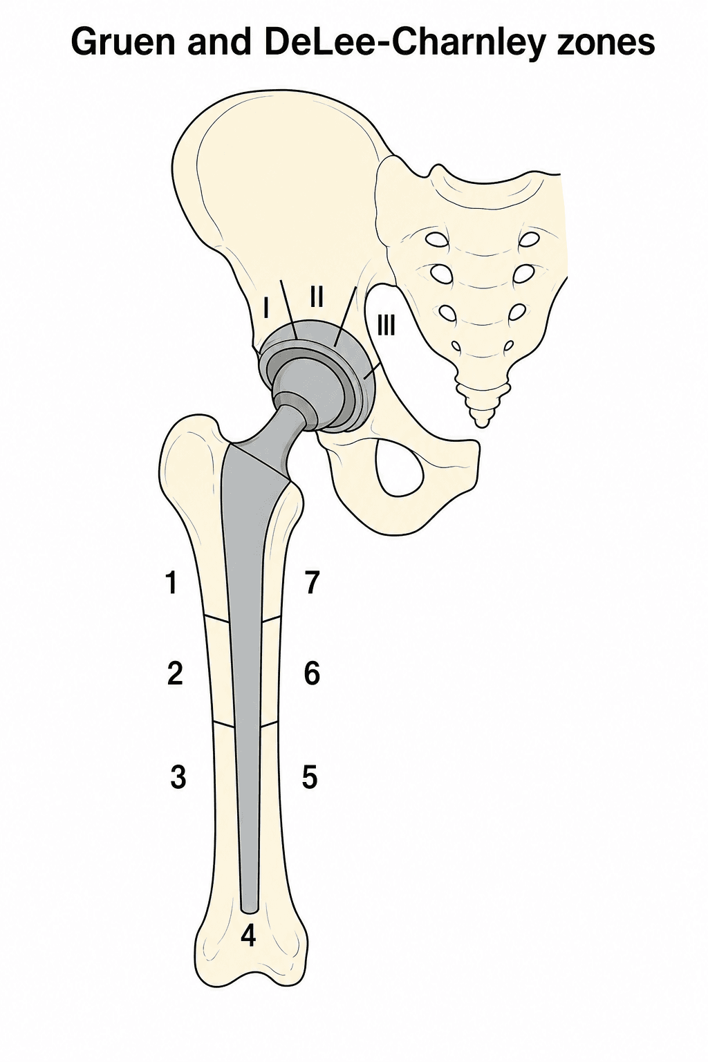Diagram of the Gruen femoral zones (1-7) and DeLee-Charnley acetabular zones (I-III) used to describe hip-replacement loosening.