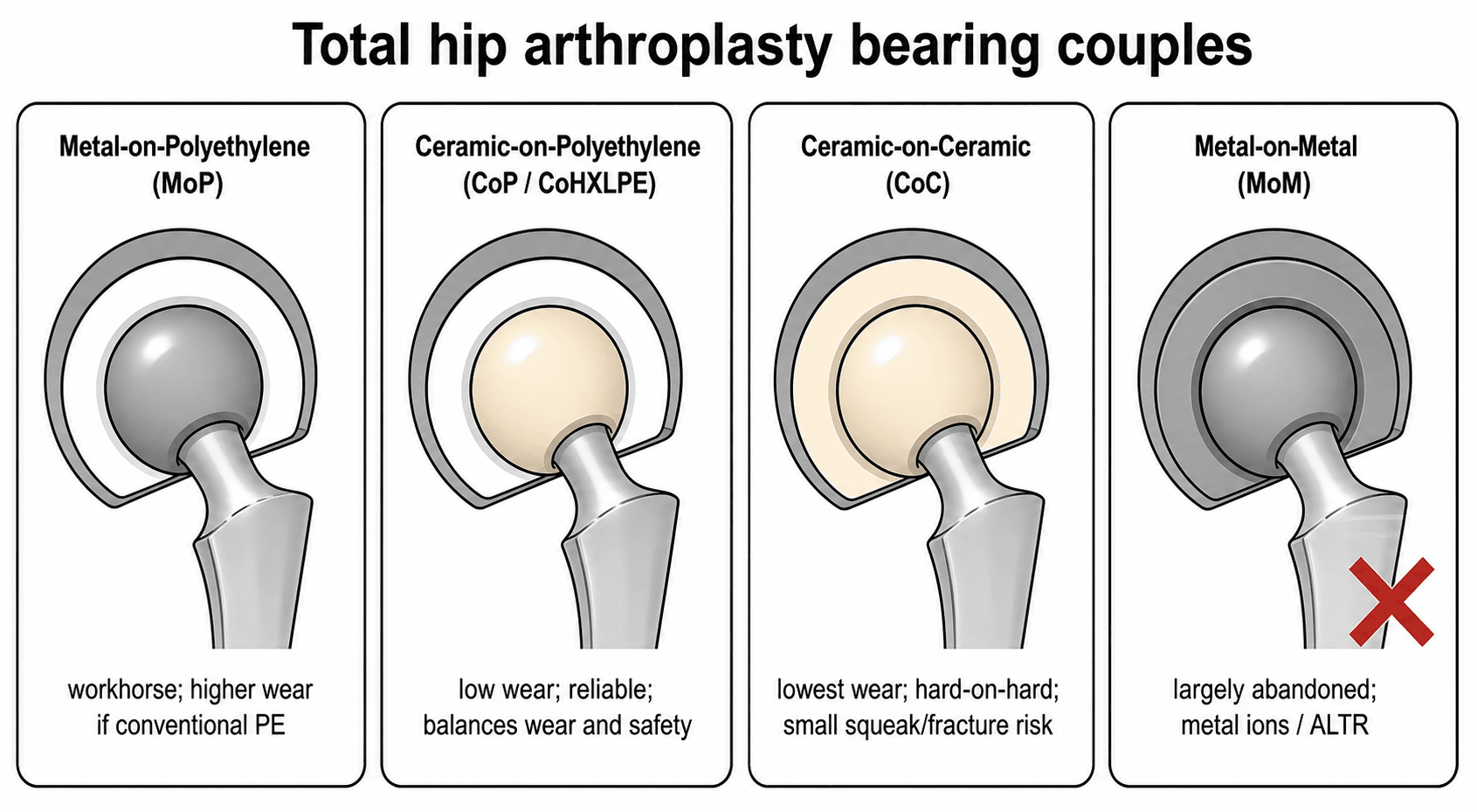Comparison of the four total hip arthroplasty bearing couples: metal-on-polyethylene, ceramic-on-polyethylene, ceramic-on-ceramic and metal-on-metal