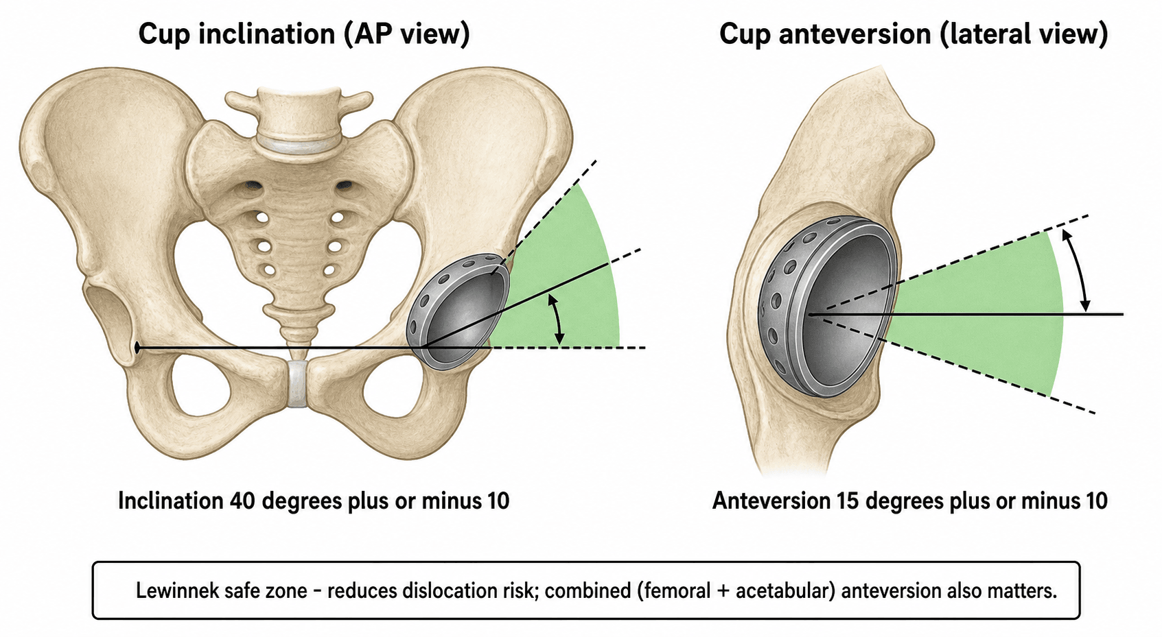 Diagram of the Lewinnek safe zone for acetabular cup inclination and anteversion in total hip arthroplasty