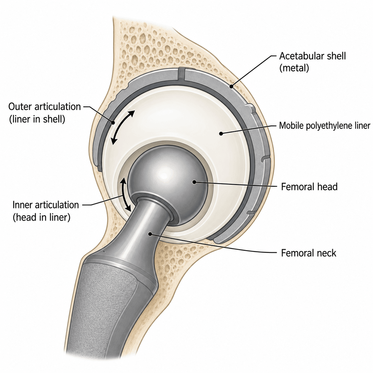 Cross-section of a dual mobility hip bearing: metal acetabular shell, large mobile polyethylene liner, small femoral head, and the two articulations