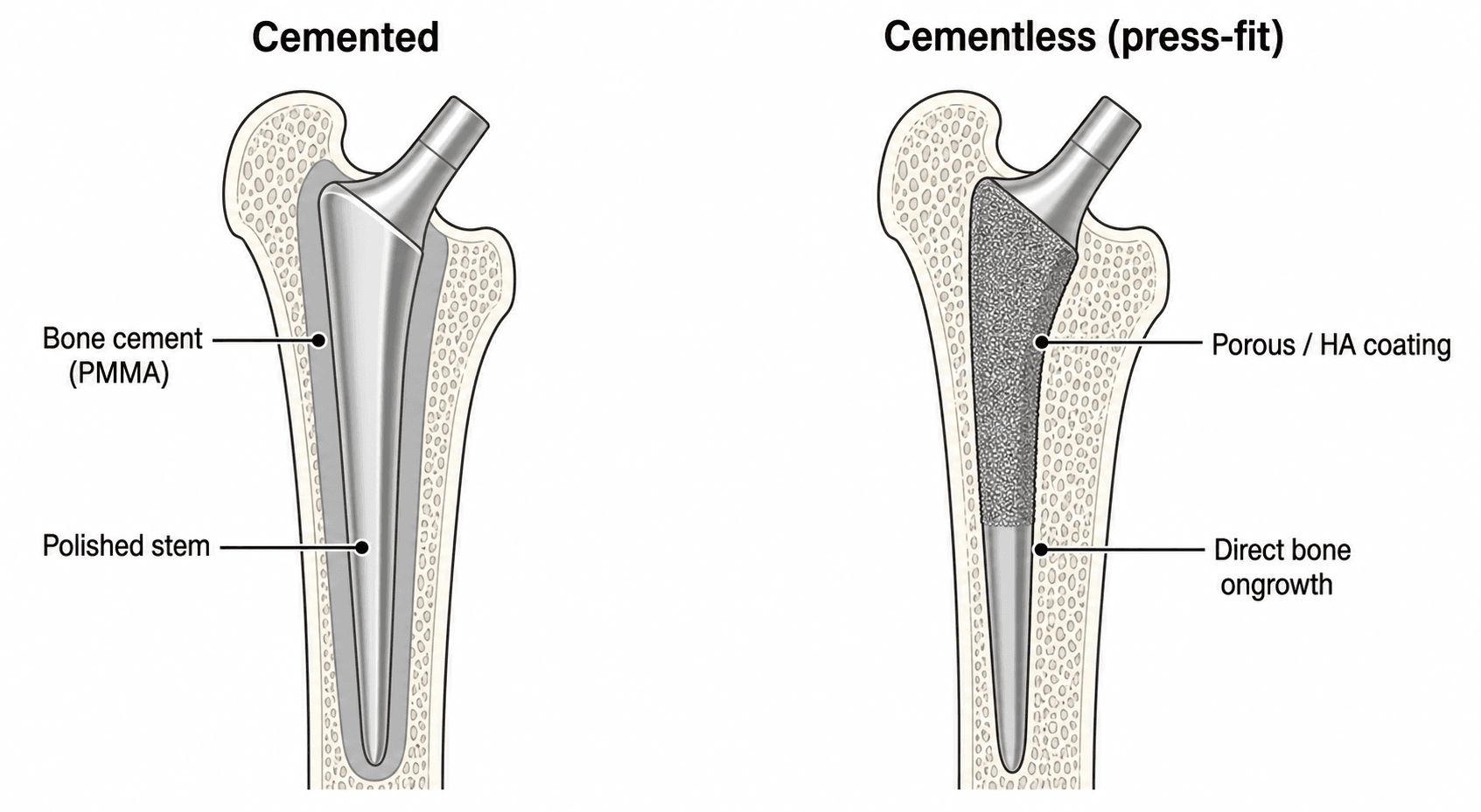 Diagram comparing a cemented and a cementless total hip replacement femoral stem.