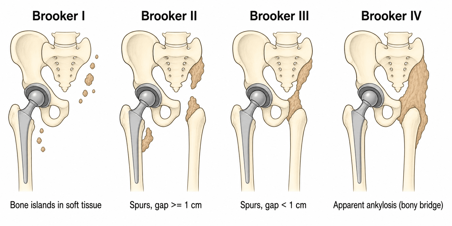 Brooker classification of heterotopic ossification after total hip arthroplasty, grades I to IV.