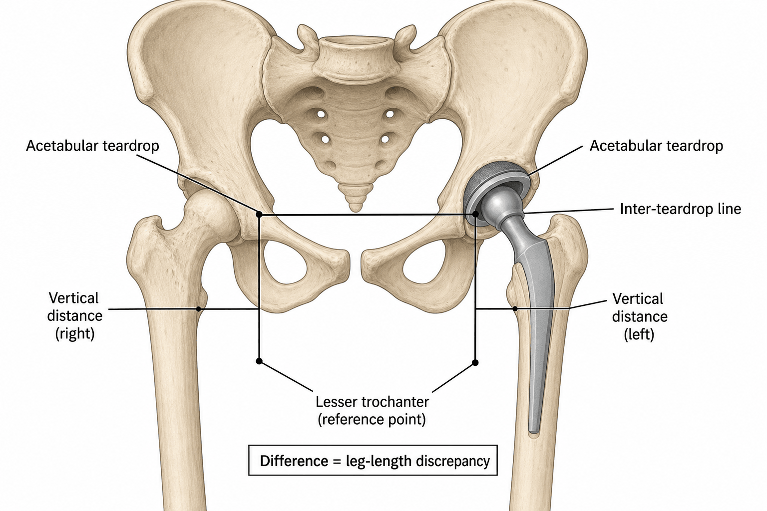 Diagram of measuring leg-length discrepancy on a standing AP pelvis radiograph using the inter-teardrop line and the lesser trochanters